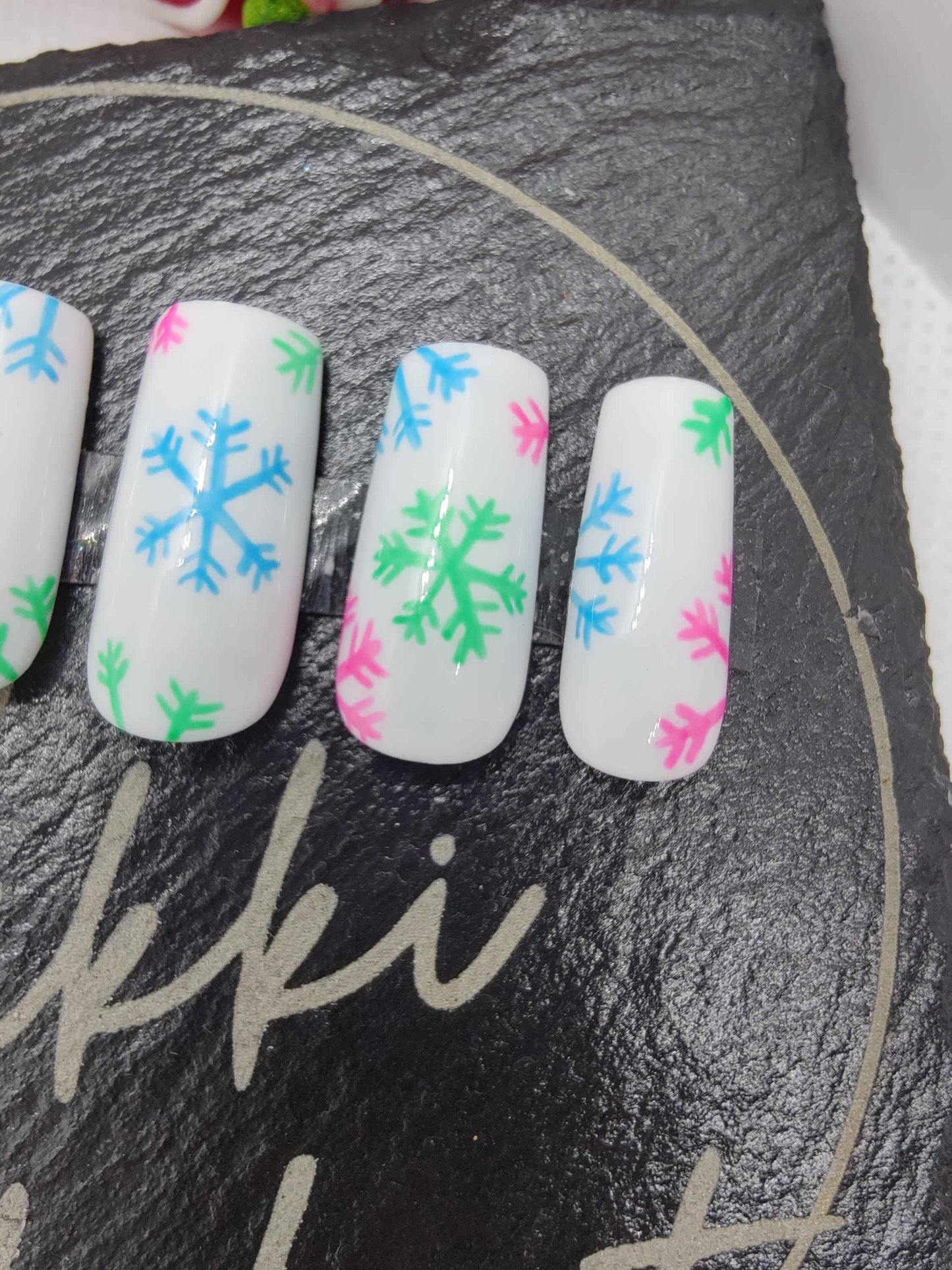 Nailmas 2024 Day 7 Merry Christmas Press On Nails | Hand Painted Merry & Bright Snowflakes | Luxury Nail Art by Nikki Nailed It - Nikki Nailed it