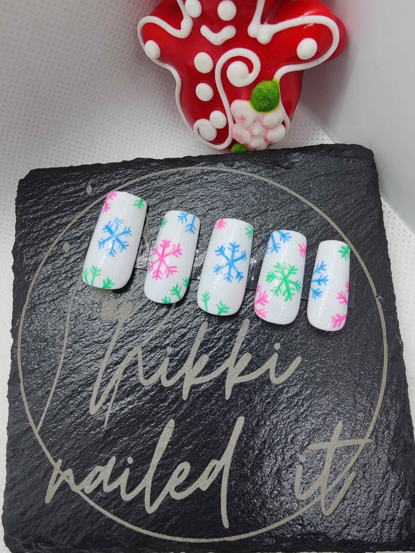 Nailmas 2024 Day 7 Merry Christmas Press On Nails | Hand Painted Merry & Bright Snowflakes | Luxury Nail Art by Nikki Nailed It - Nikki Nailed it