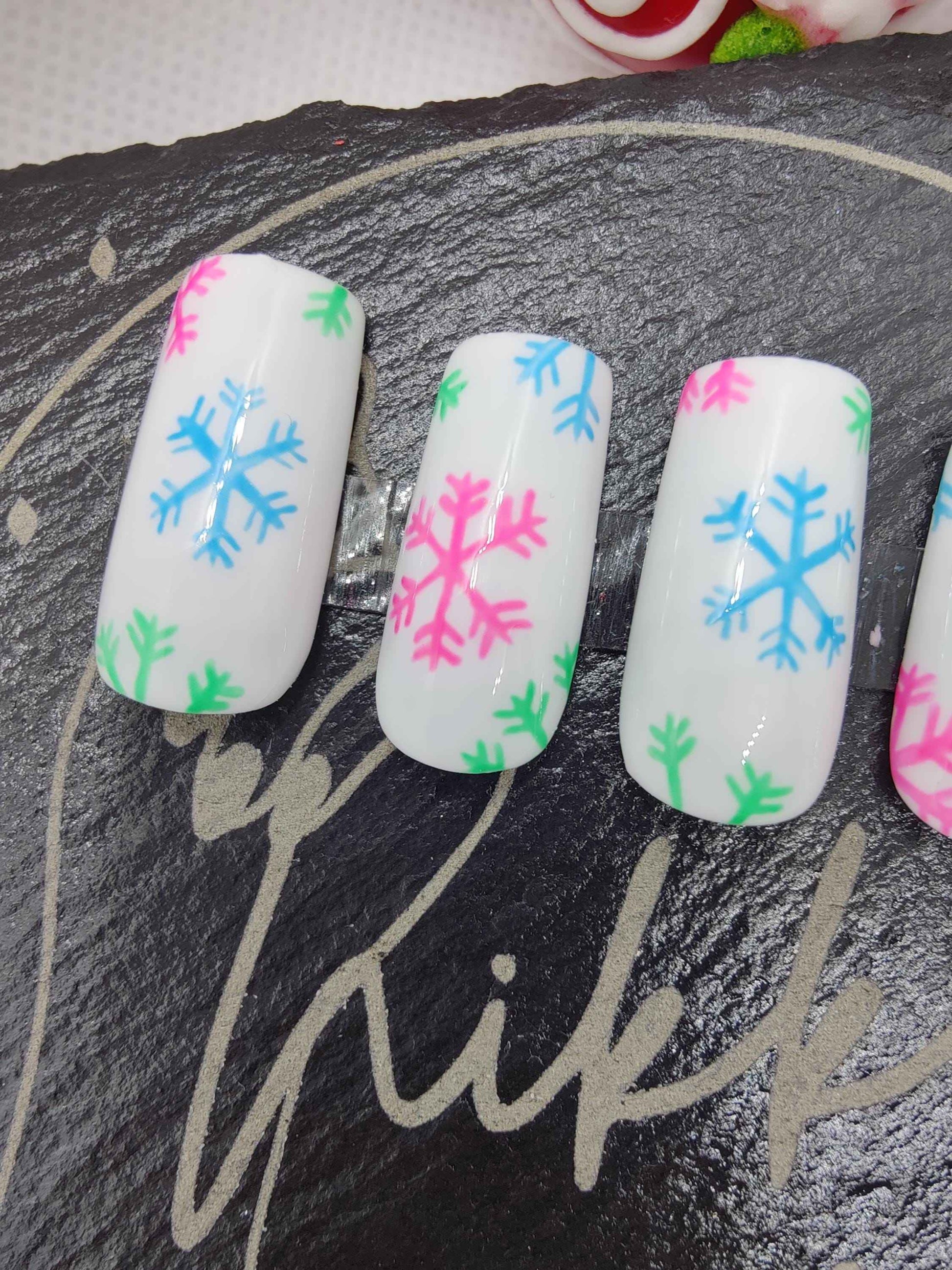 Nailmas 2024 Day 7 Merry Christmas Press On Nails | Hand Painted Merry & Bright Snowflakes | Luxury Nail Art by Nikki Nailed It - Nikki Nailed it