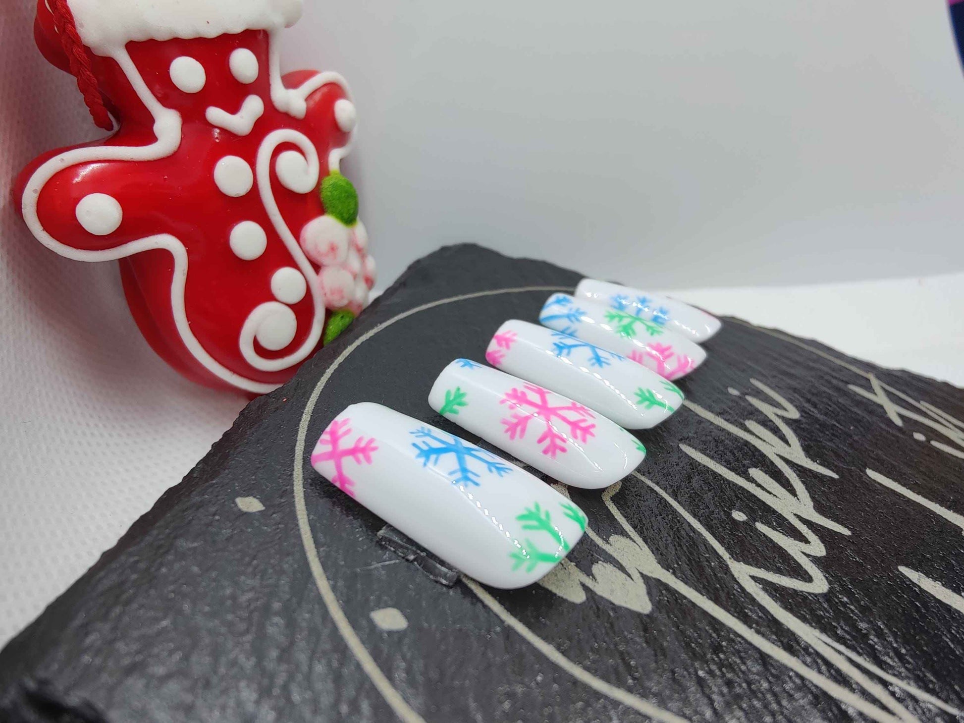 Nailmas 2024 Day 7 Merry Christmas Press On Nails | Hand Painted Merry & Bright Snowflakes | Luxury Nail Art by Nikki Nailed It - Nikki Nailed it