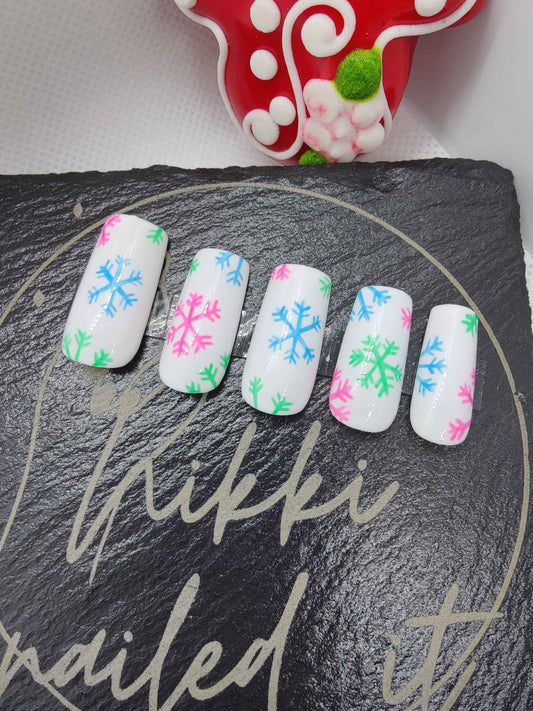 Nailmas 2024 Day 7 Merry Christmas Press On Nails | Hand Painted Merry & Bright Snowflakes | Luxury Nail Art by Nikki Nailed It - Nikki Nailed it