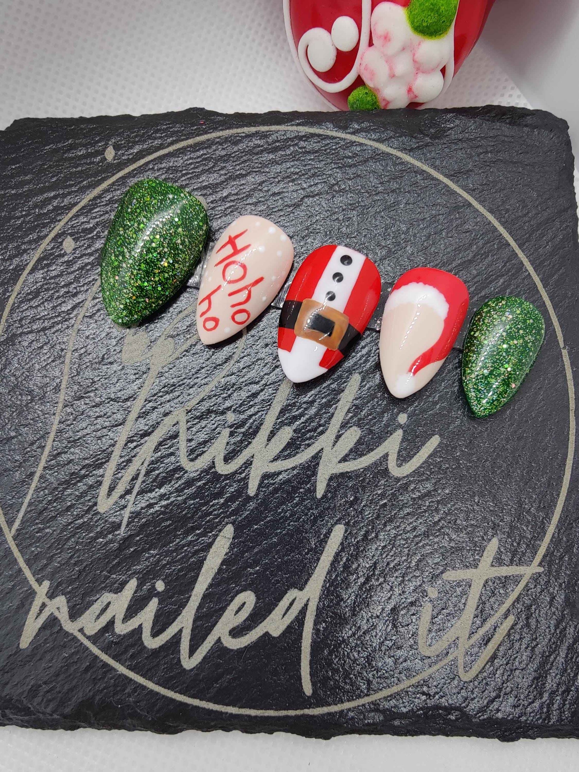 Nailmas 2024 - Day 8 | Hand Painted Christmas Nails | Red & Green Christmas Santa Press On Nails | Luxury Nail Art by Nikki Nailed It - Nikki Nailed it