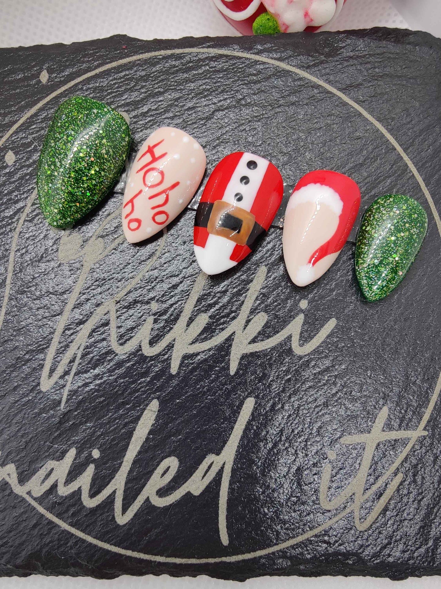 Nailmas 2024 - Day 8 | Hand Painted Christmas Nails | Red & Green Christmas Santa Press On Nails | Luxury Nail Art by Nikki Nailed It - Nikki Nailed it