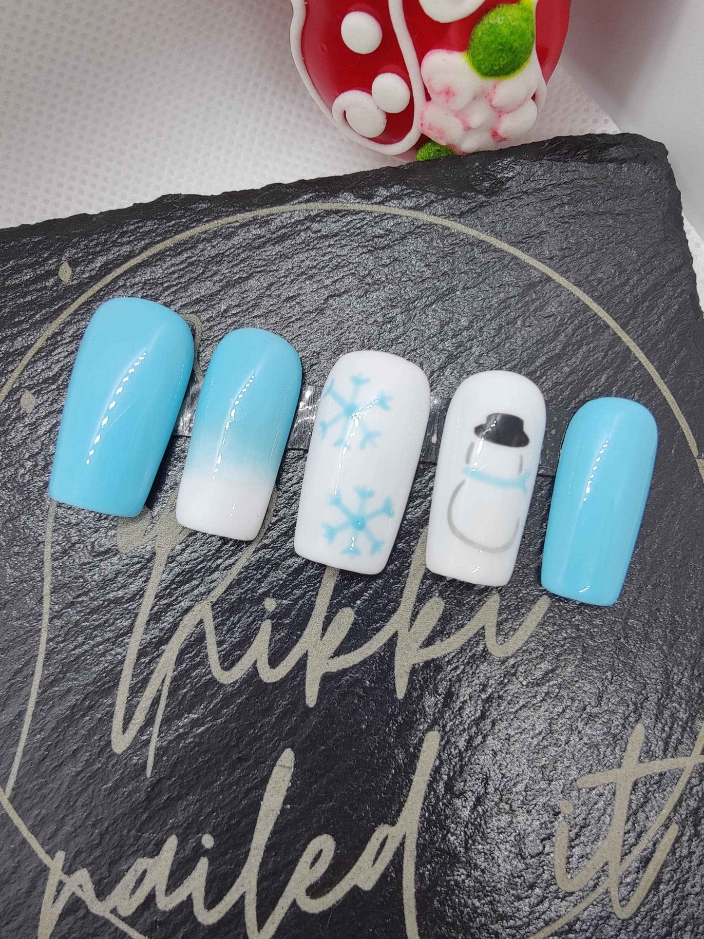 Nailmas 2024 - Day 9 Hand Painted Snowman Press On Nails | Icey Blue & White | Luxury Nail Art | Xmas Advent - Nikki Nailed it