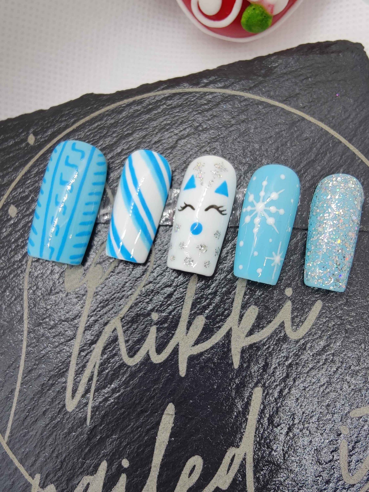 Nailmas 2024 - Winter Blue Press On Nails | Hand Painted Luxury Press Ons | Reusable 10pc Set - Nikki Nailed it