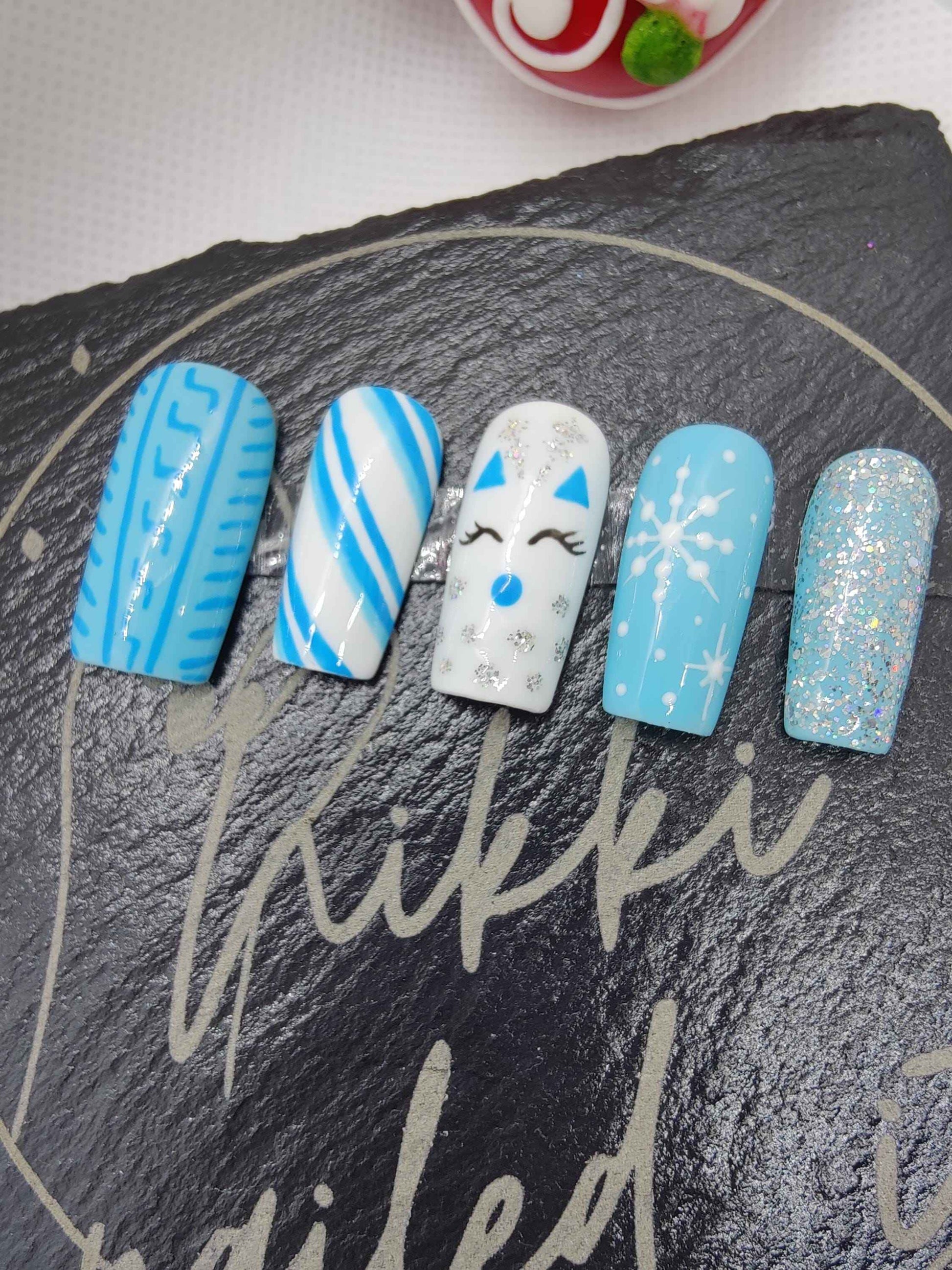 Nailmas 2024 - Winter Blue Press On Nails | Hand Painted Luxury Press Ons | Reusable 10pc Set - Nikki Nailed it