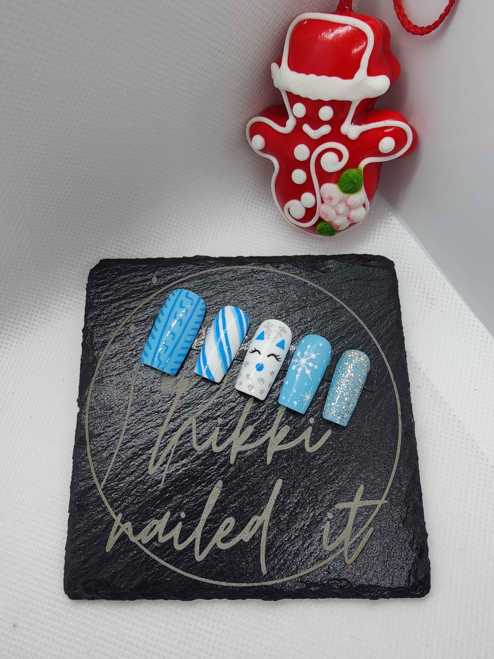 Nailmas 2024 - Winter Blue Press On Nails | Hand Painted Luxury Press Ons | Reusable 10pc Set - Nikki Nailed it