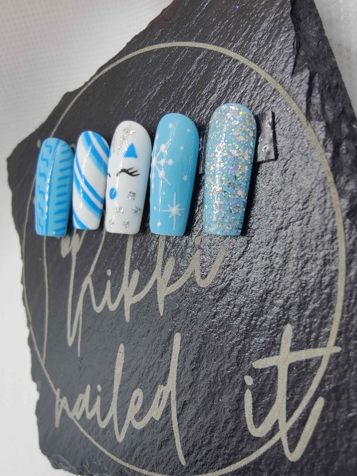 Nailmas 2024 - Winter Blue Press On Nails | Hand Painted Luxury Press Ons | Reusable 10pc Set - Nikki Nailed it