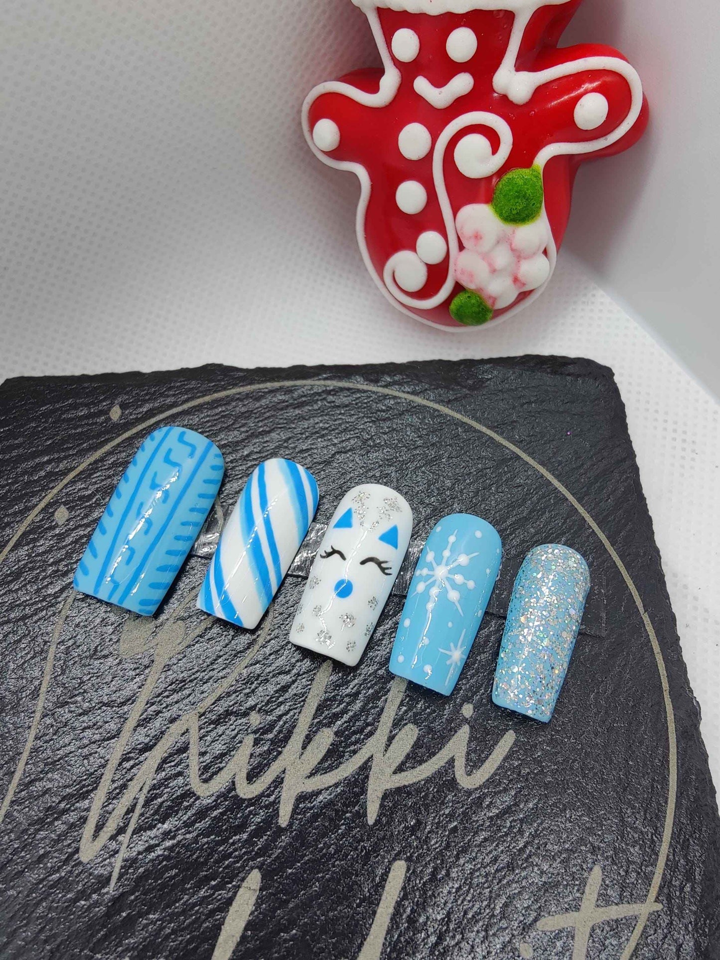 Nailmas 2024 - Winter Blue Press On Nails | Hand Painted Luxury Press Ons | Reusable 10pc Set - Nikki Nailed it