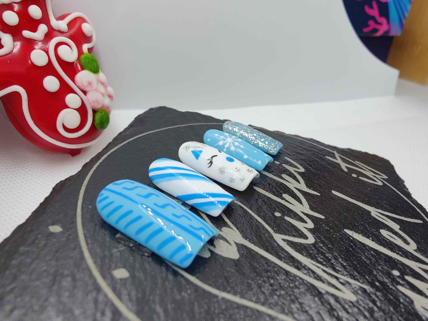 Nailmas 2024 - Winter Blue Press On Nails | Hand Painted Luxury Press Ons | Reusable 10pc Set - Nikki Nailed it