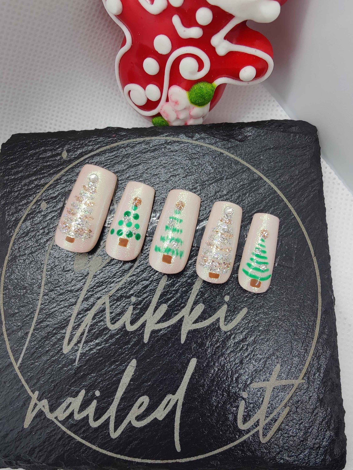 Nude Chrome Christmas Tree Nails - Hand Painted Luxury Press On Nails for Christmas Advent, Day 5 - Nikki Nailed it