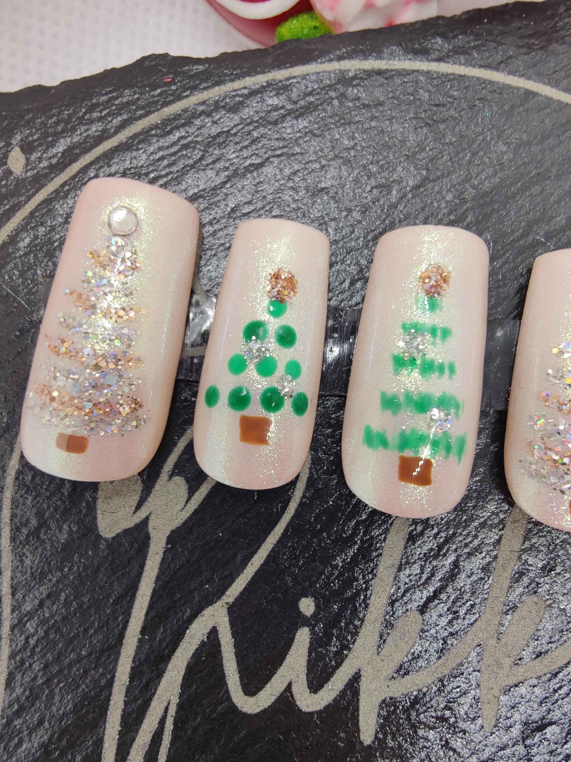 Nude Chrome Christmas Tree Nails - Hand Painted Luxury Press On Nails for Christmas Advent, Day 5 - Nikki Nailed it