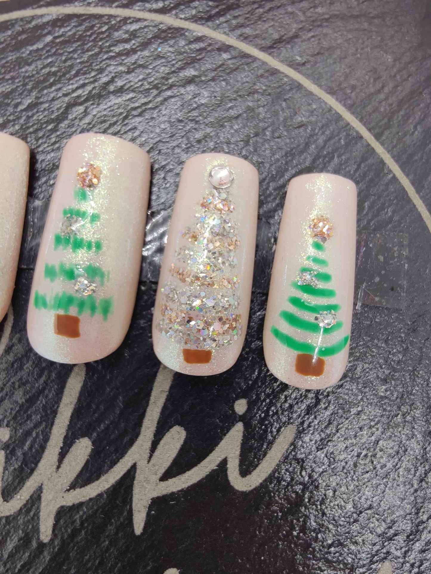 Nude Chrome Christmas Tree Nails - Hand Painted Luxury Press On Nails for Christmas Advent, Day 5 - Nikki Nailed it