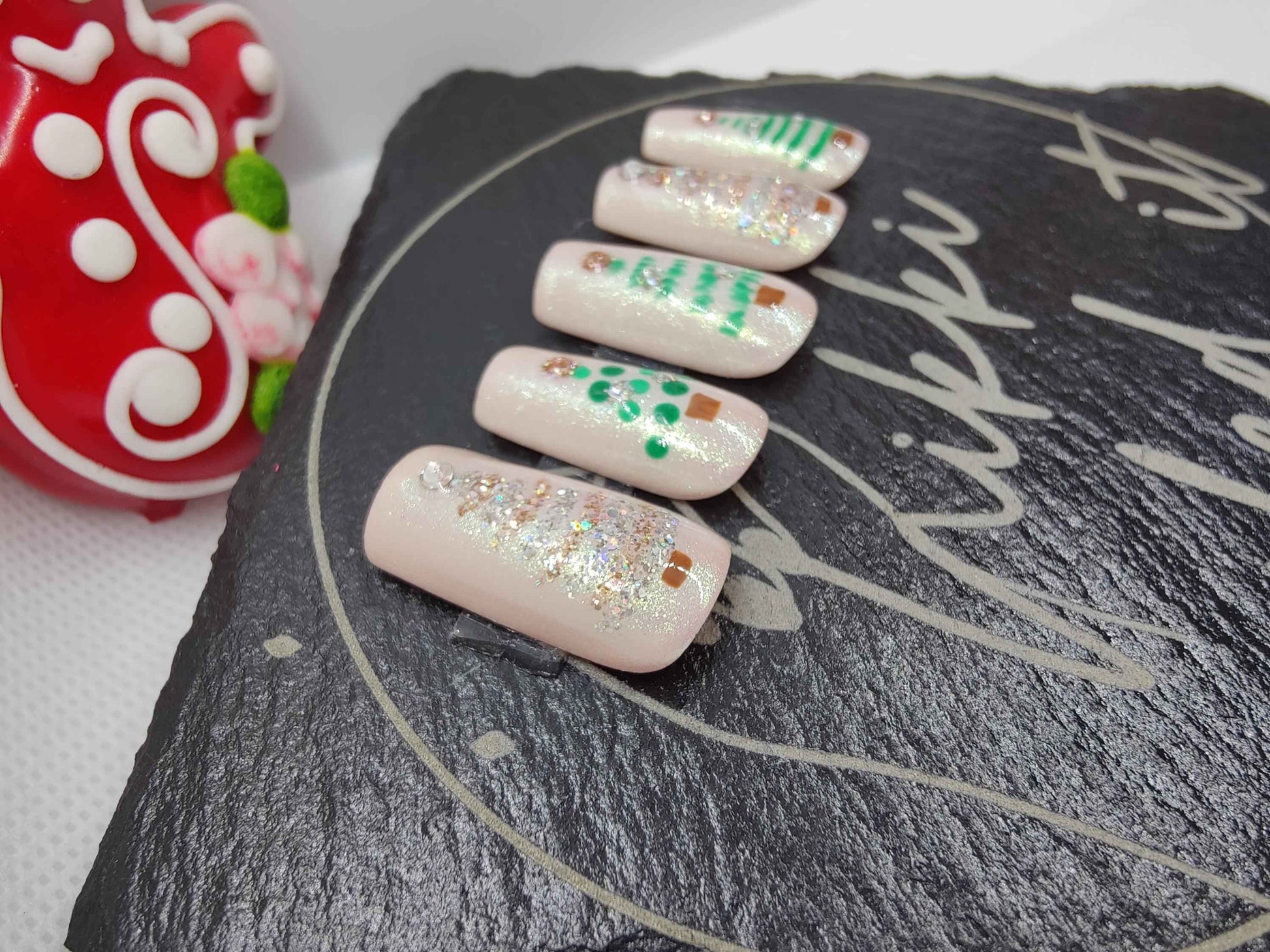 Nude Chrome Christmas Tree Nails - Hand Painted Luxury Press On Nails for Christmas Advent, Day 5 - Nikki Nailed it