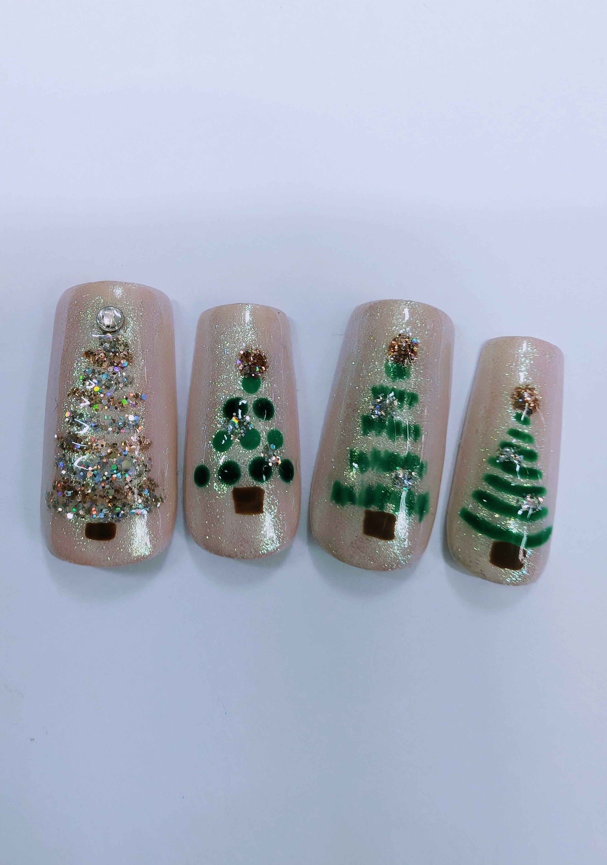 Nude Chrome Christmas Tree Nails - Hand Painted Luxury Press On Nails for Christmas Advent, Day 5 - Nikki Nailed it