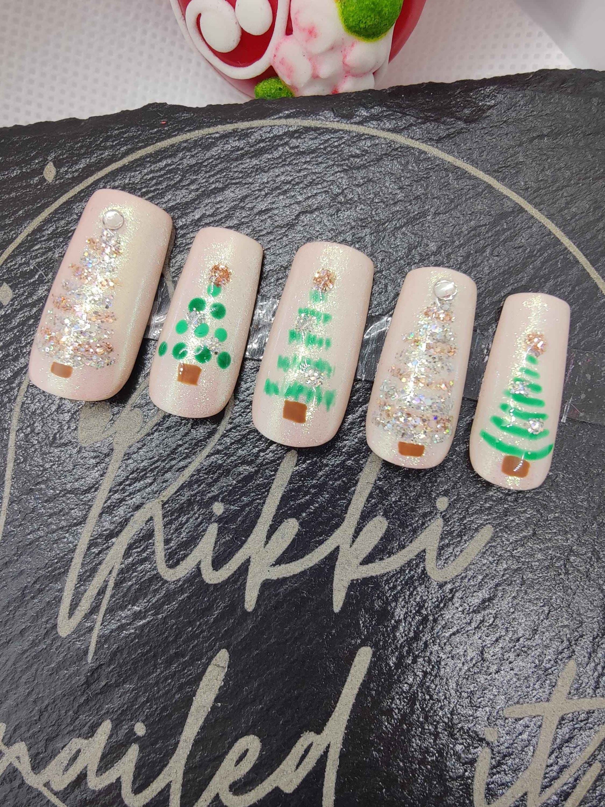 Nude Chrome Christmas Tree Nails - Hand Painted Luxury Press On Nails for Christmas Advent, Day 5 - Nikki Nailed it