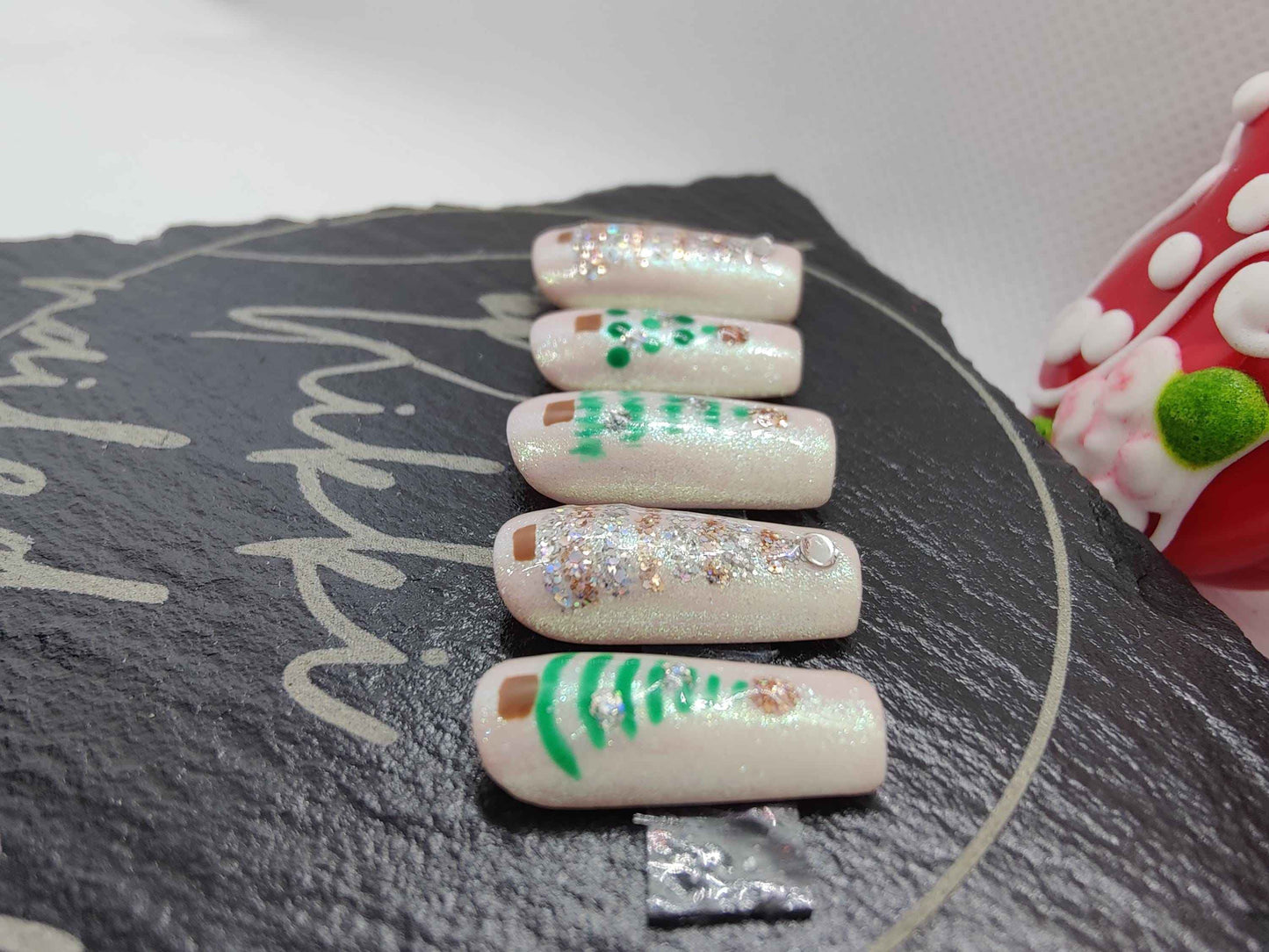 Nude Chrome Christmas Tree Nails - Hand Painted Luxury Press On Nails for Christmas Advent, Day 5 - Nikki Nailed it