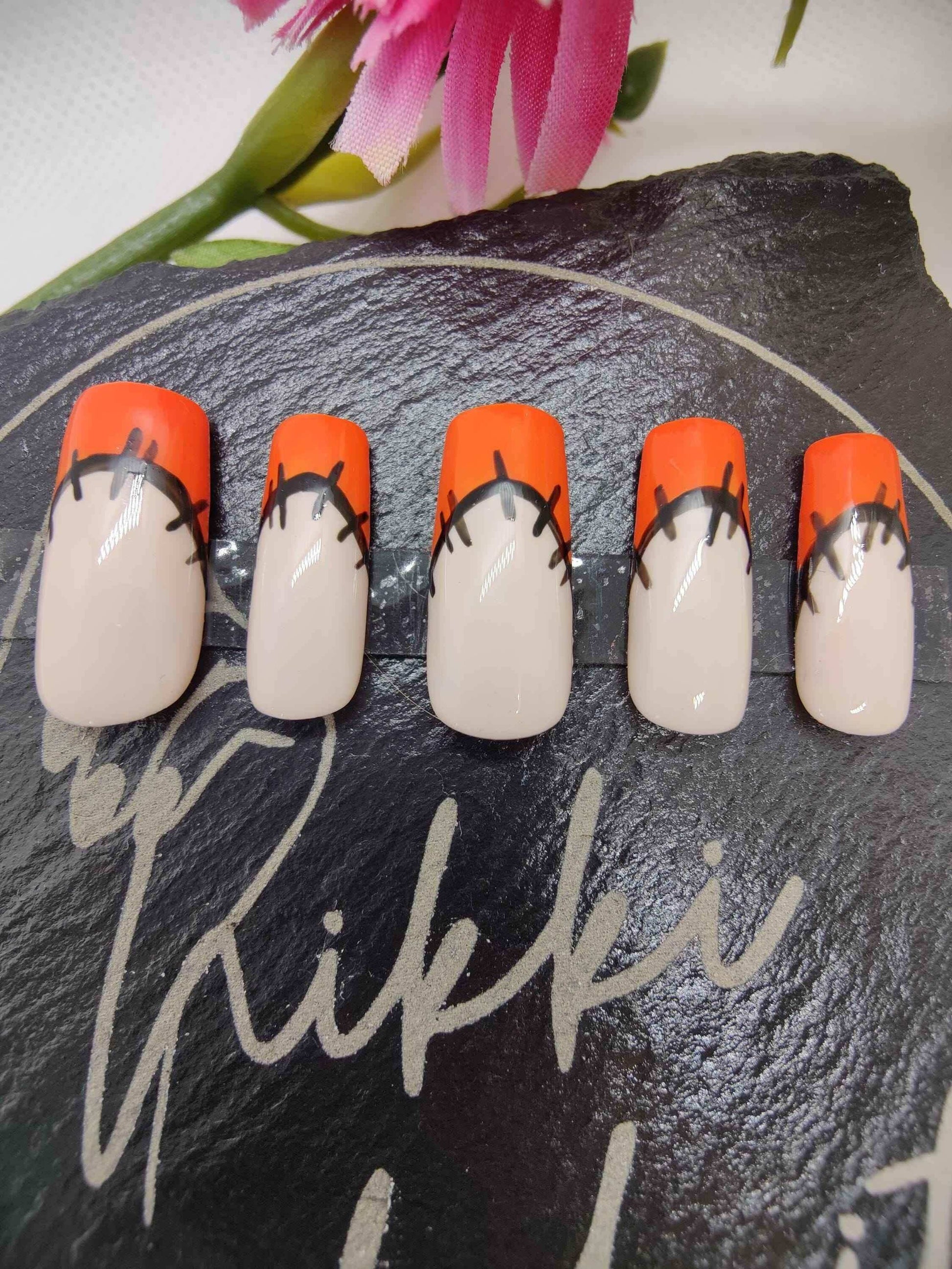 Orange French Tip Press On Nails | Halloween Patchwork Gel Nails | Luxury Reusable 10pc Artificial Nails - Nikki Nailed it