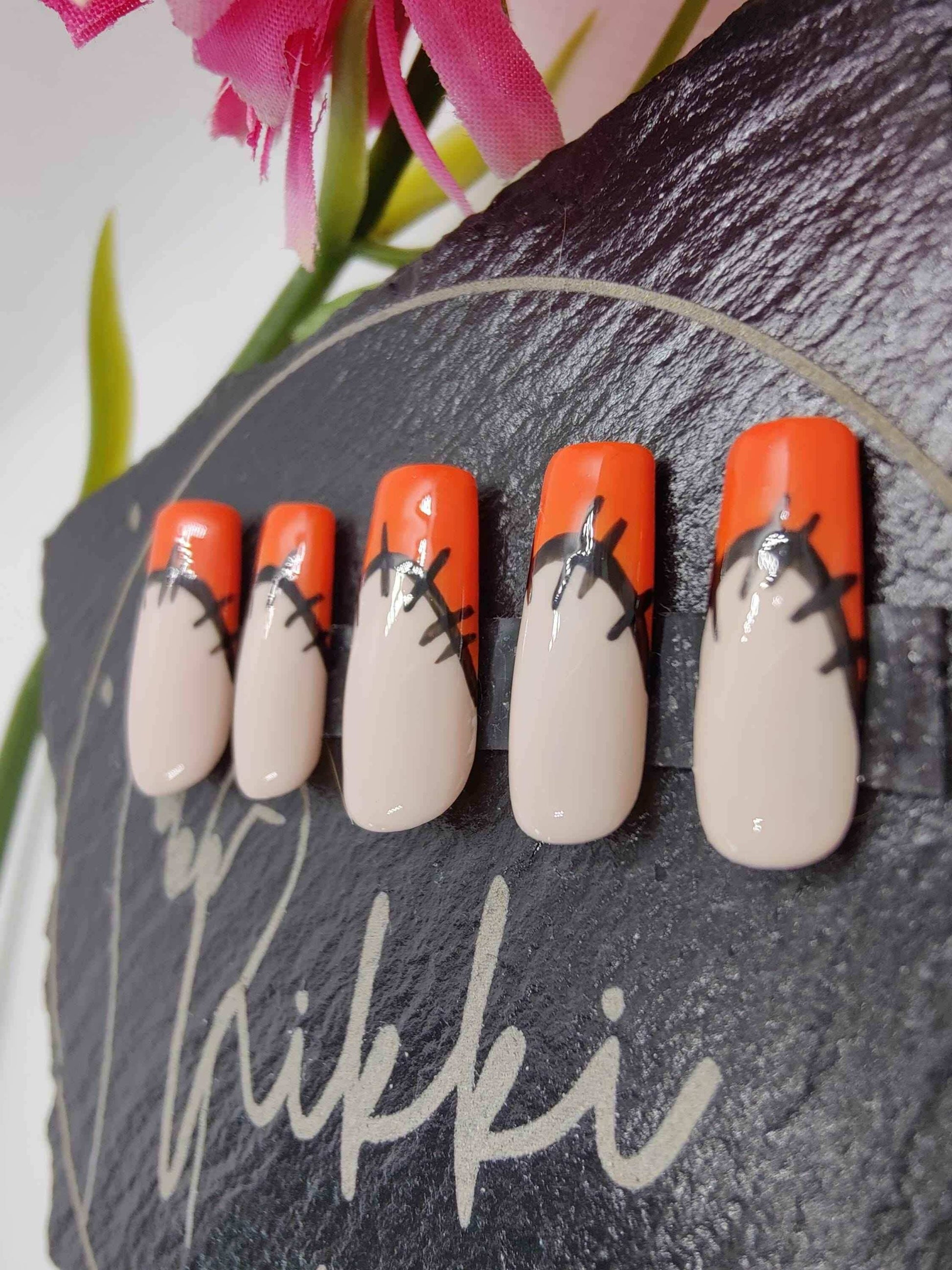 Orange French Tip Press On Nails | Halloween Patchwork Gel Nails | Luxury Reusable 10pc Artificial Nails - Nikki Nailed it