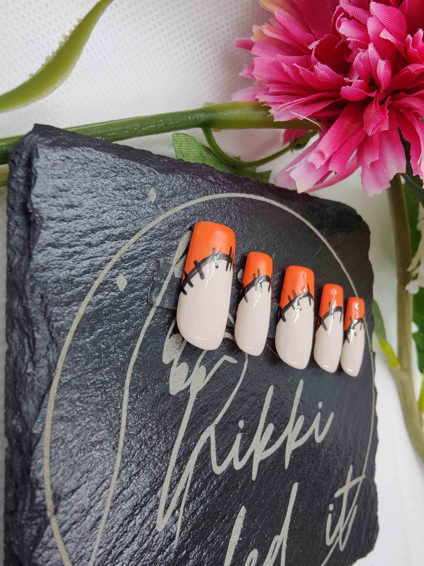 Orange French Tip Press On Nails | Halloween Patchwork Gel Nails | Luxury Reusable 10pc Artificial Nails - Nikki Nailed it