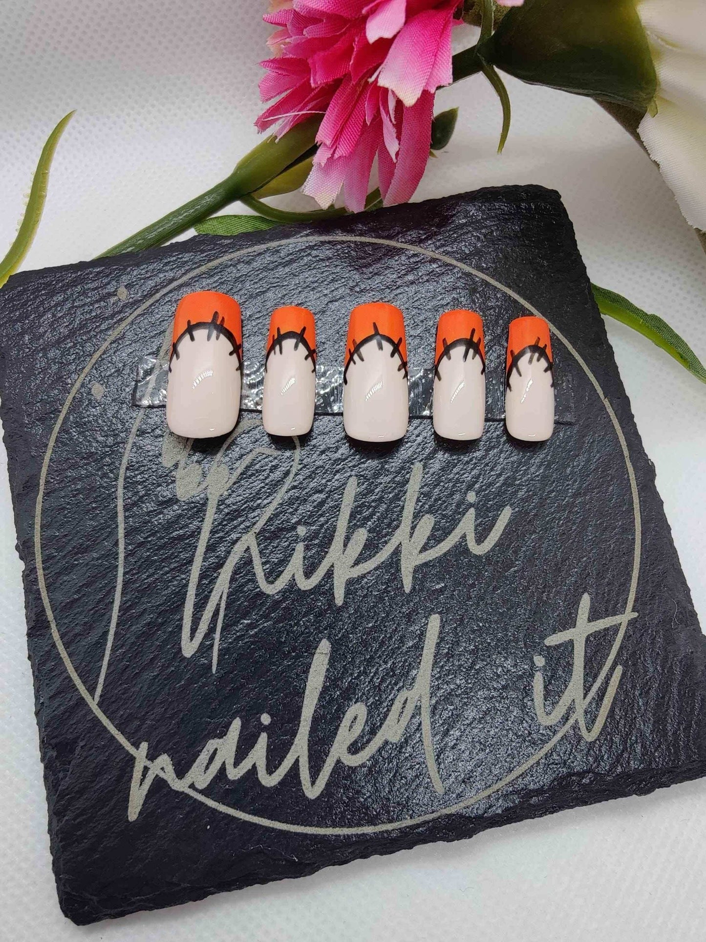 Orange French Tip Press On Nails | Halloween Patchwork Gel Nails | Luxury Reusable 10pc Artificial Nails - Nikki Nailed it