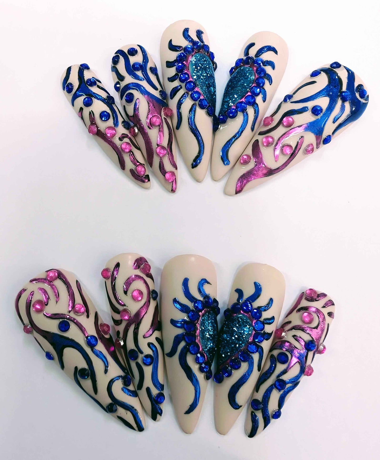 Pre Made Chrome Heart Tino Vo Inspired Press On Nails | Limited Edition Hand-Painted Luxury Nails UK | Artificial Nails - Nikki Nailed it