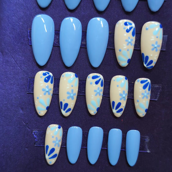 Blue Cornflower Press On Nails - 20pc Set | Hand-Painted Luxury Nails UK | Artificial Reusable Nails - Nikki Nailed it