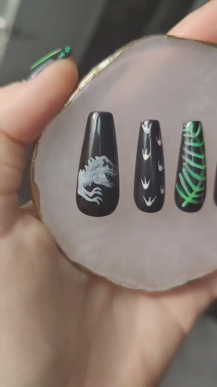 Black and Neon Dinosaur Press On Nails | Jurassic World | Luxury Nails | Press Ons | Artificial Gel Nails | Reusable Nails | 10pc Nail Set