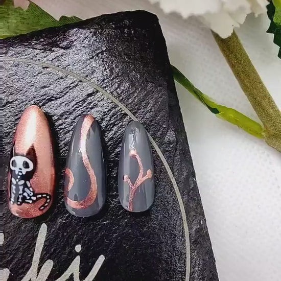 Skeleton Cat Copper Chrome Press On Nails UK | Gel Nails | Luxury Nails | Press Ons | Artificial Nails | Reusable Nails | 10pc Nail Set