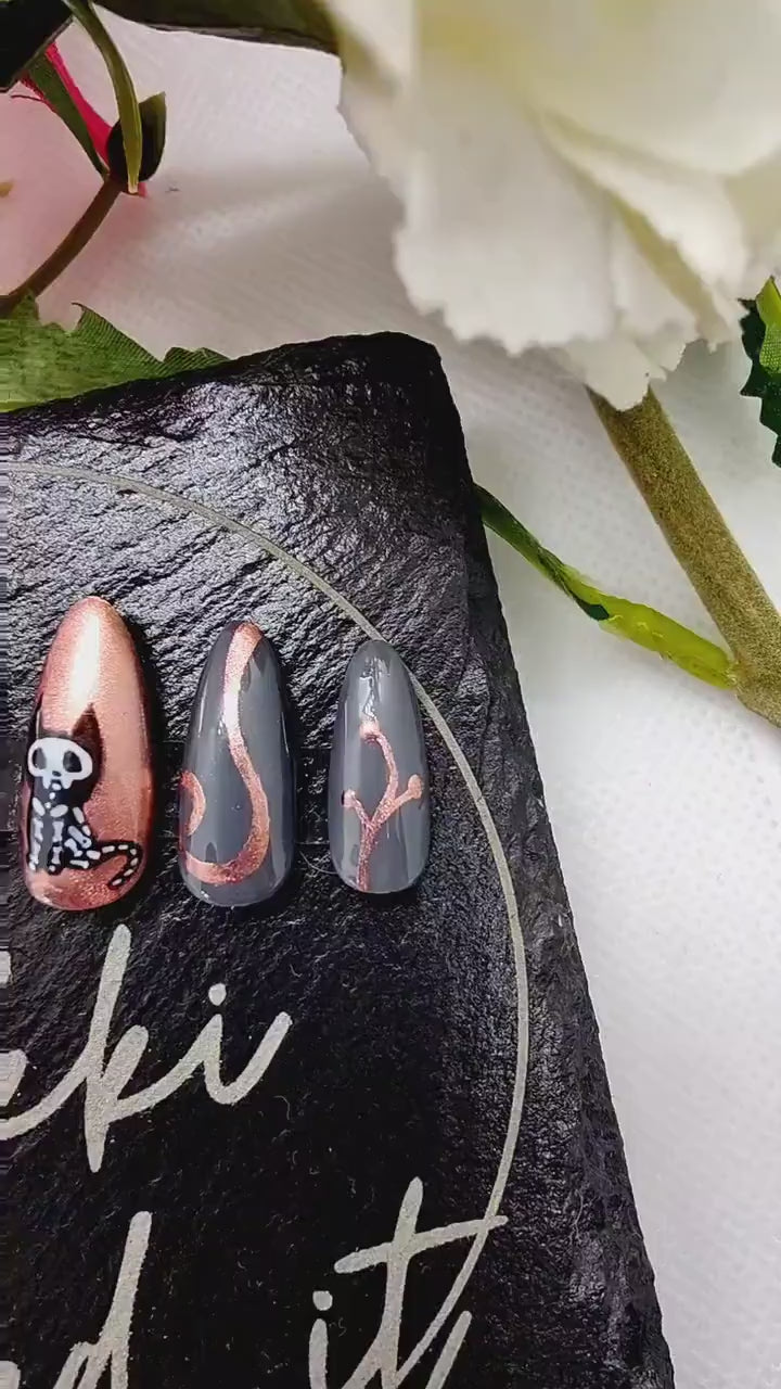 Skeleton Cat Copper Chrome Press On Nails UK | Gel Nails | Luxury Nails | Press Ons | Artificial Nails | Reusable Nails | 10pc Nail Set