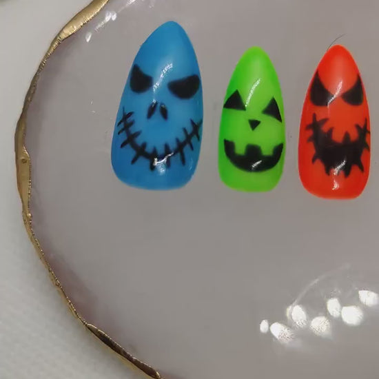 Halloween Neon Black Scary Face Press On Nails UK | Gel Nails | Luxury Nails | Press Ons | Artificial Nails | Reusable Nails | 10pc Nail Set