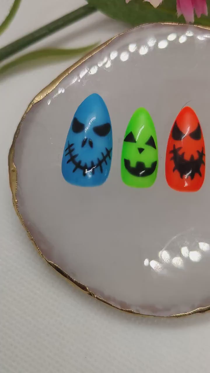 Halloween Neon Black Scary Face Press On Nails UK | Gel Nails | Luxury Nails | Press Ons | Artificial Nails | Reusable Nails | 10pc Nail Set