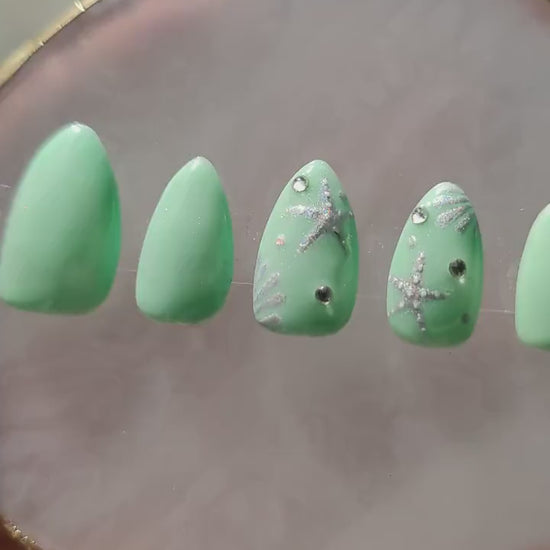 Mermaid Mint Green & Silver Chrome Ocean Press On Nails UK | Luxury Nails | Press Ons | Artificial Nails | Reusable Nails | 10pc Nail Set