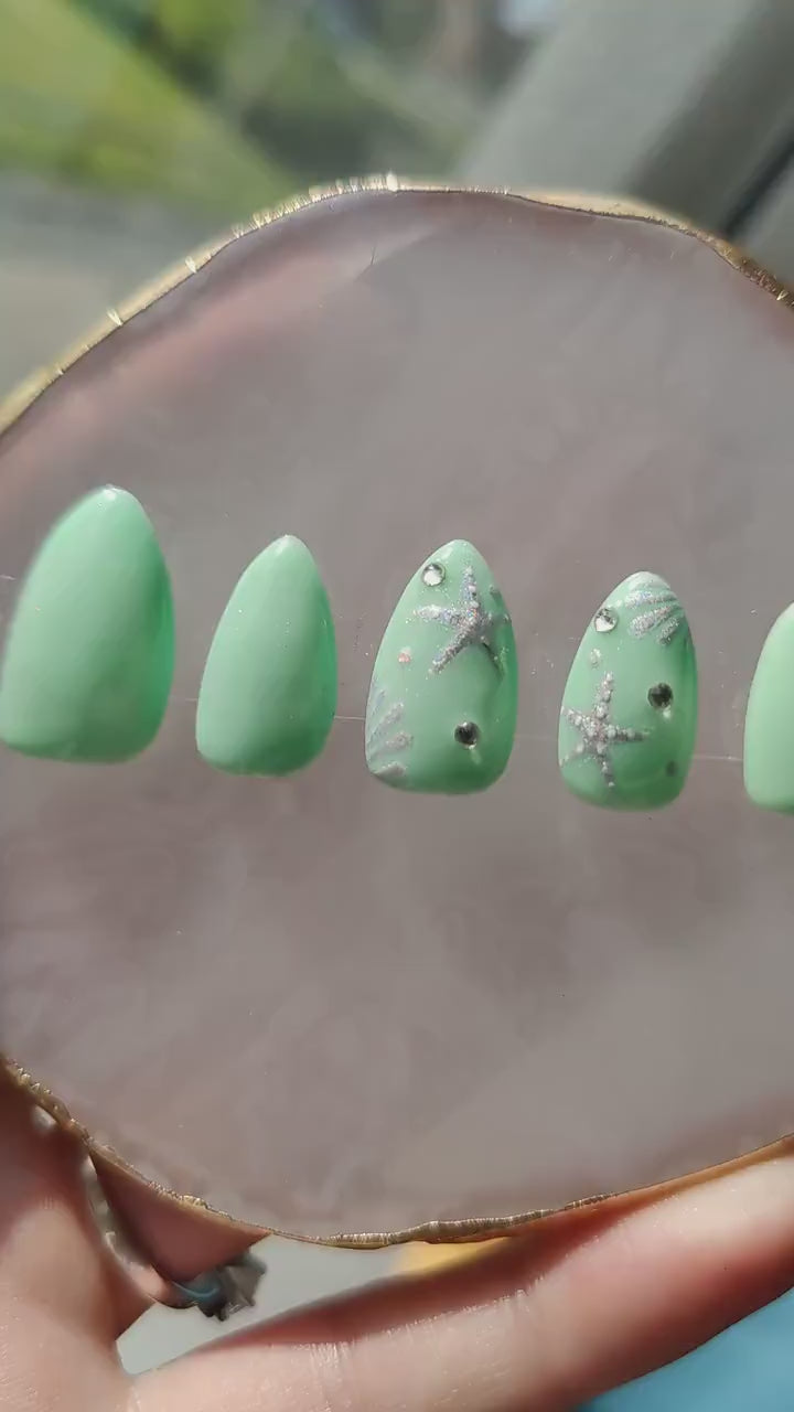 Mermaid Mint Green & Silver Chrome Ocean Press On Nails UK | Luxury Nails | Press Ons | Artificial Nails | Reusable Nails | 10pc Nail Set