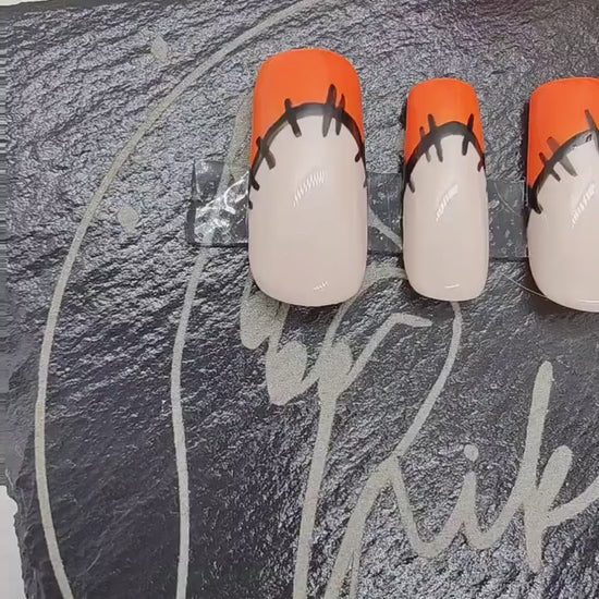 Orange Patchwork French Tip Halloween Press On Nails UK | Gel Nails | Luxury Nails | Press Ons | Artificial Nails | Reusable Nails | 10pc