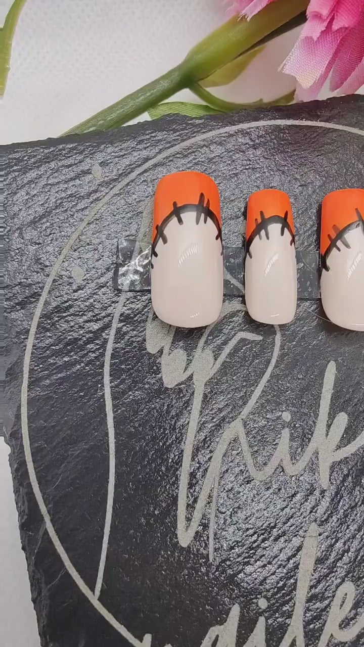 Orange Patchwork French Tip Halloween Press On Nails UK | Gel Nails | Luxury Nails | Press Ons | Artificial Nails | Reusable Nails | 10pc