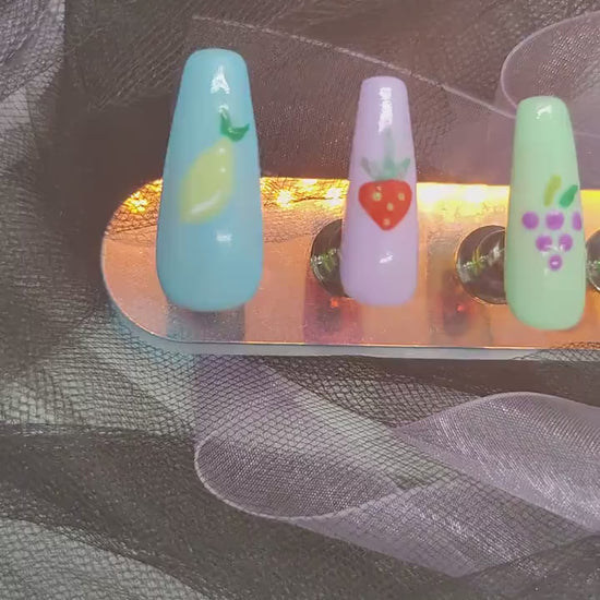 Fruit Pastel Press On Nails UK | Luxury Nails | Press Ons | Artificial Nails | Reusable Nails | 10pc Nail Set | Hand Painted False Nails