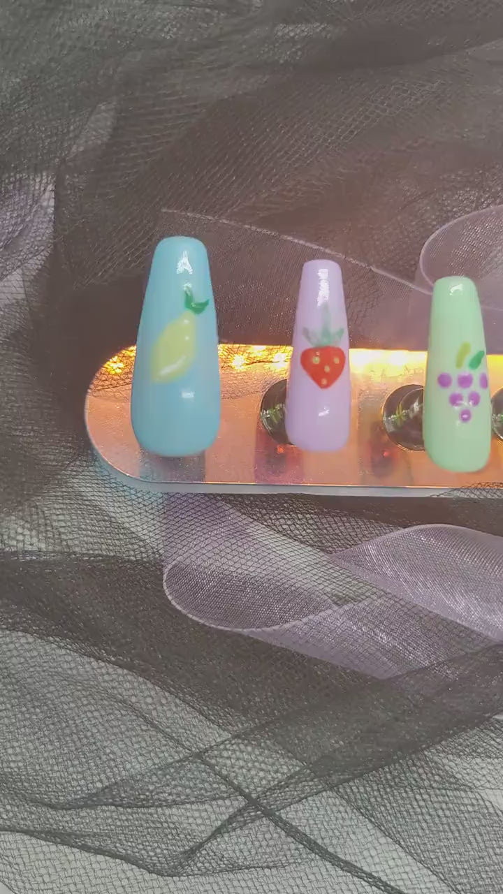 Fruit Pastel Press On Nails UK | Luxury Nails | Press Ons | Artificial Nails | Reusable Nails | 10pc Nail Set | Hand Painted False Nails