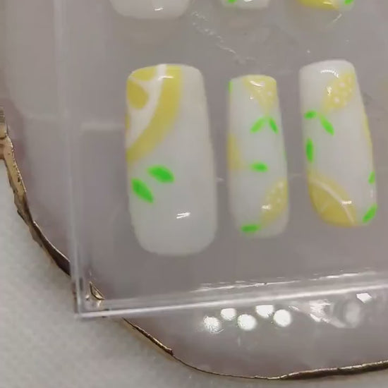 Yellow and White Lemon Press On Nails UK | Luxury Nails | Press Ons | Artificial Nails | Reusable Nails | 10pc Nail Set | Fruit Press Ons