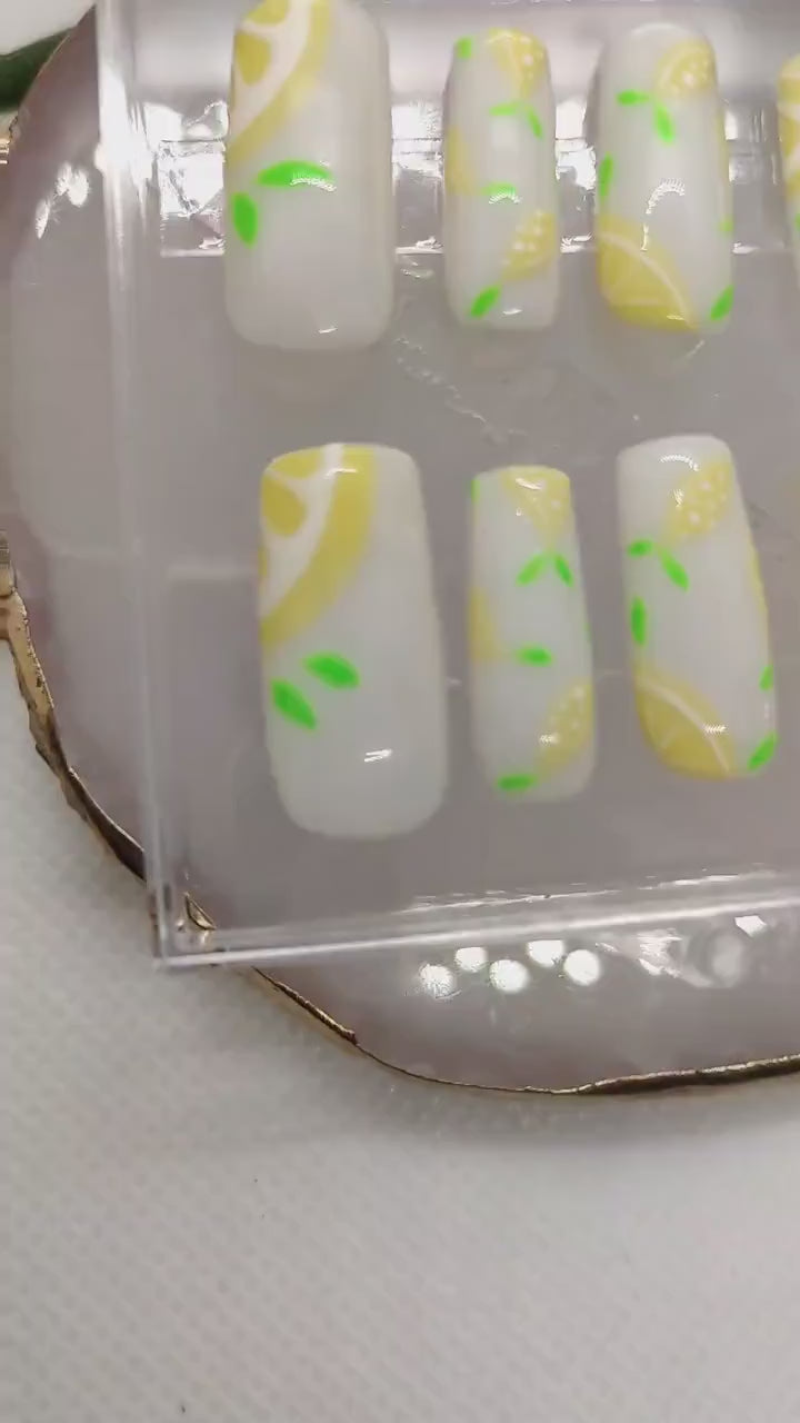 Yellow and White Lemon Press On Nails UK | Luxury Nails | Press Ons | Artificial Nails | Reusable Nails | 10pc Nail Set | Fruit Press Ons