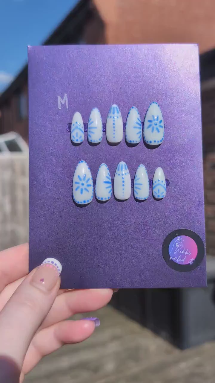 Blue & White Tile- Clearance Press On Nails | Limited Edition Reduced Price Nails UK | Artificial Reusable Nails | Luxury Press Ons 10pc Set