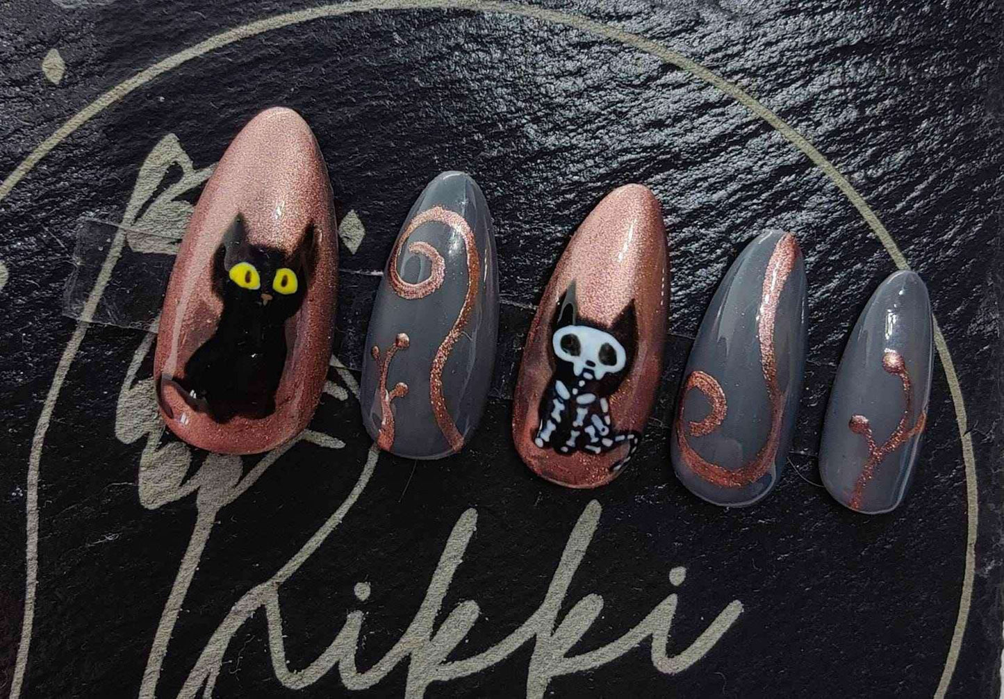 Skeleton Cat Press On Nails | Copper Chrome Gel Nails | Luxury 10pc Set | Reusable Artificial Nails UK - Nikki Nailed it