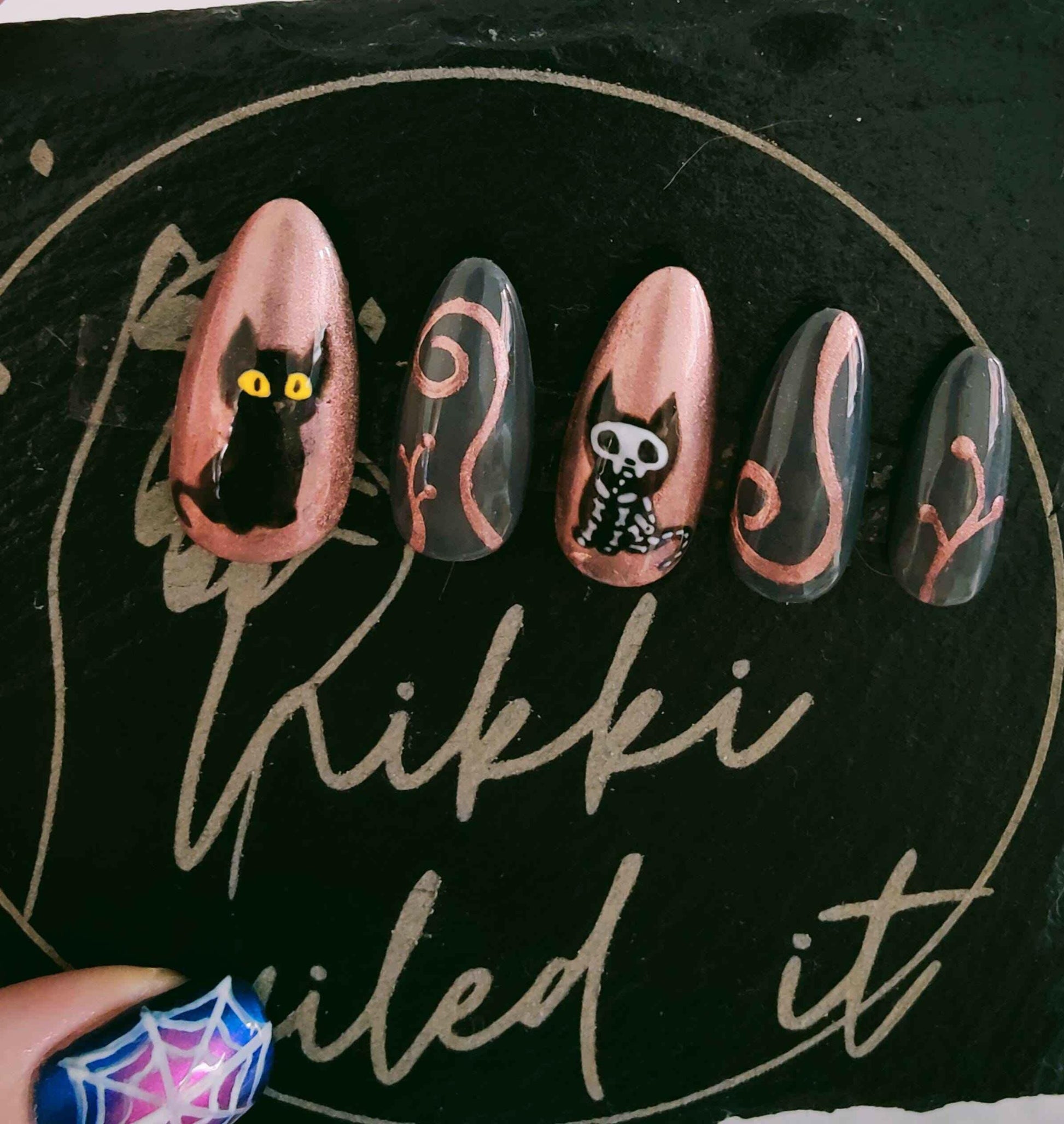 Skeleton Cat Press On Nails | Copper Chrome Gel Nails | Luxury 10pc Set | Reusable Artificial Nails UK - Nikki Nailed it