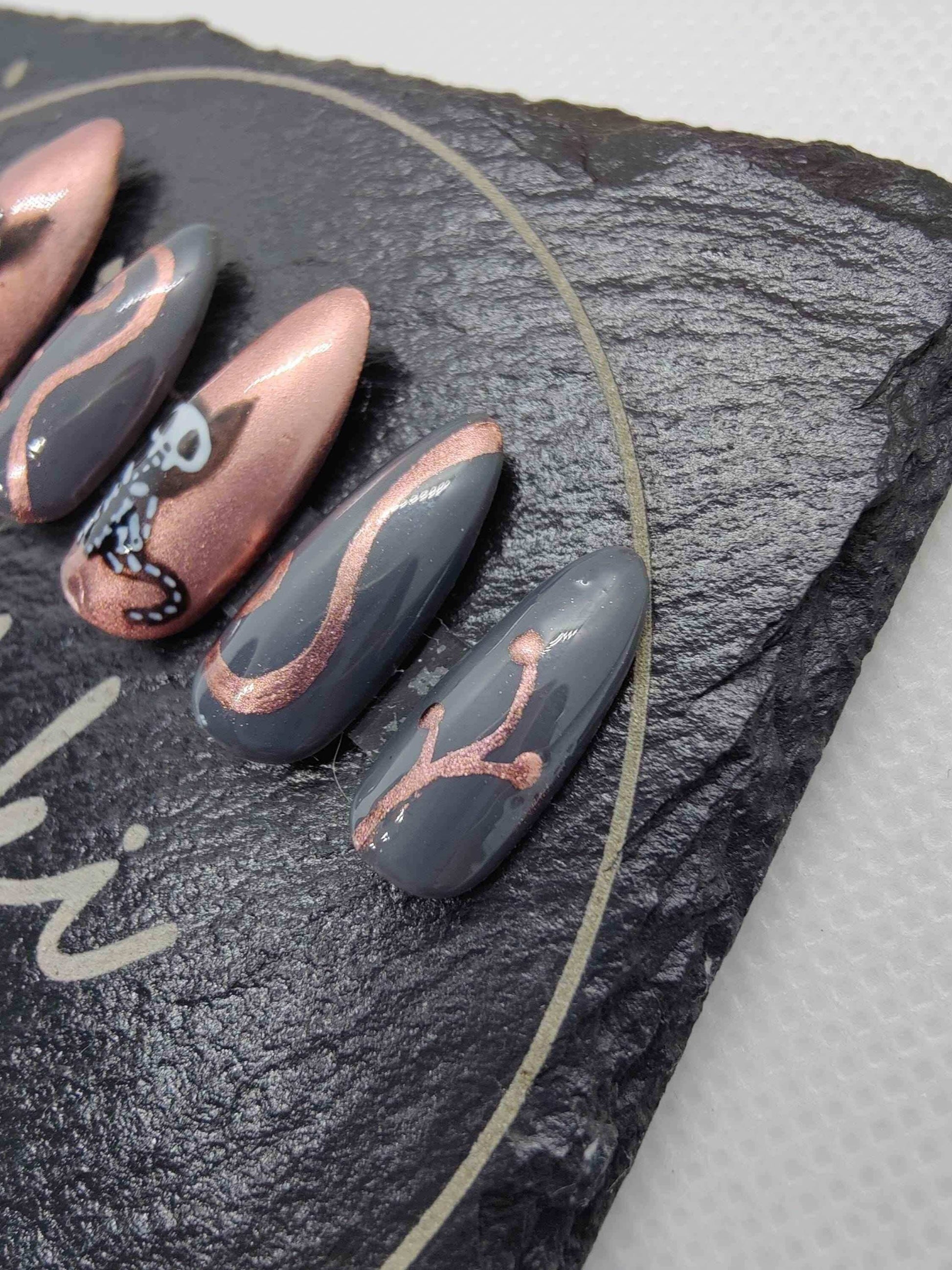 Skeleton Cat Press On Nails | Copper Chrome Gel Nails | Luxury 10pc Set | Reusable Artificial Nails UK - Nikki Nailed it