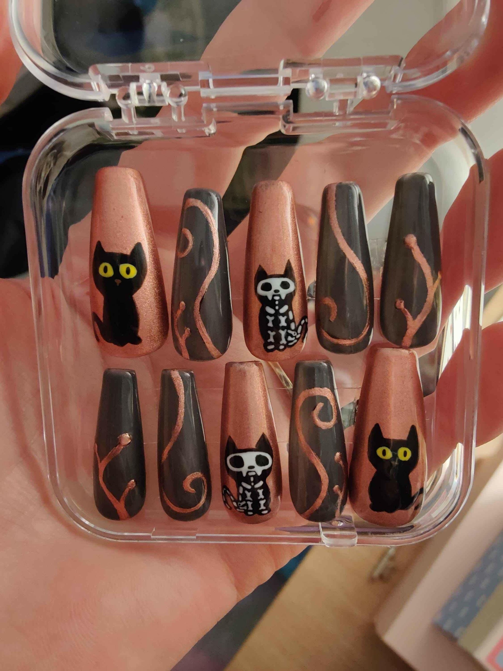 Skeleton Cat Press On Nails | Copper Chrome Gel Nails | Luxury 10pc Set | Reusable Artificial Nails UK - Nikki Nailed it