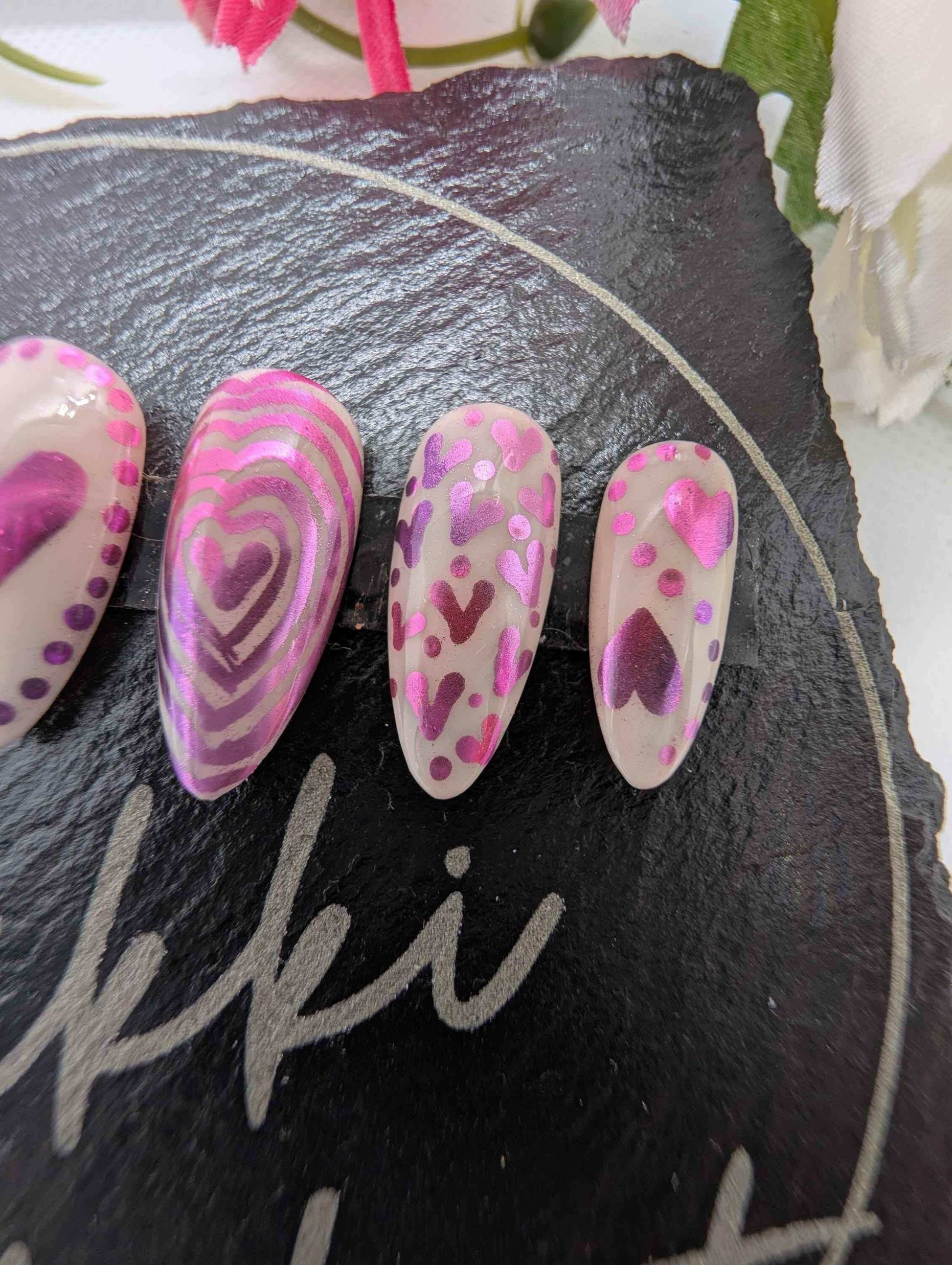 Valentine's Day Press On Nails - Pink Heart Chrome Ombre Luxury 10pc Reusable Set UK - Nikki Nailed it