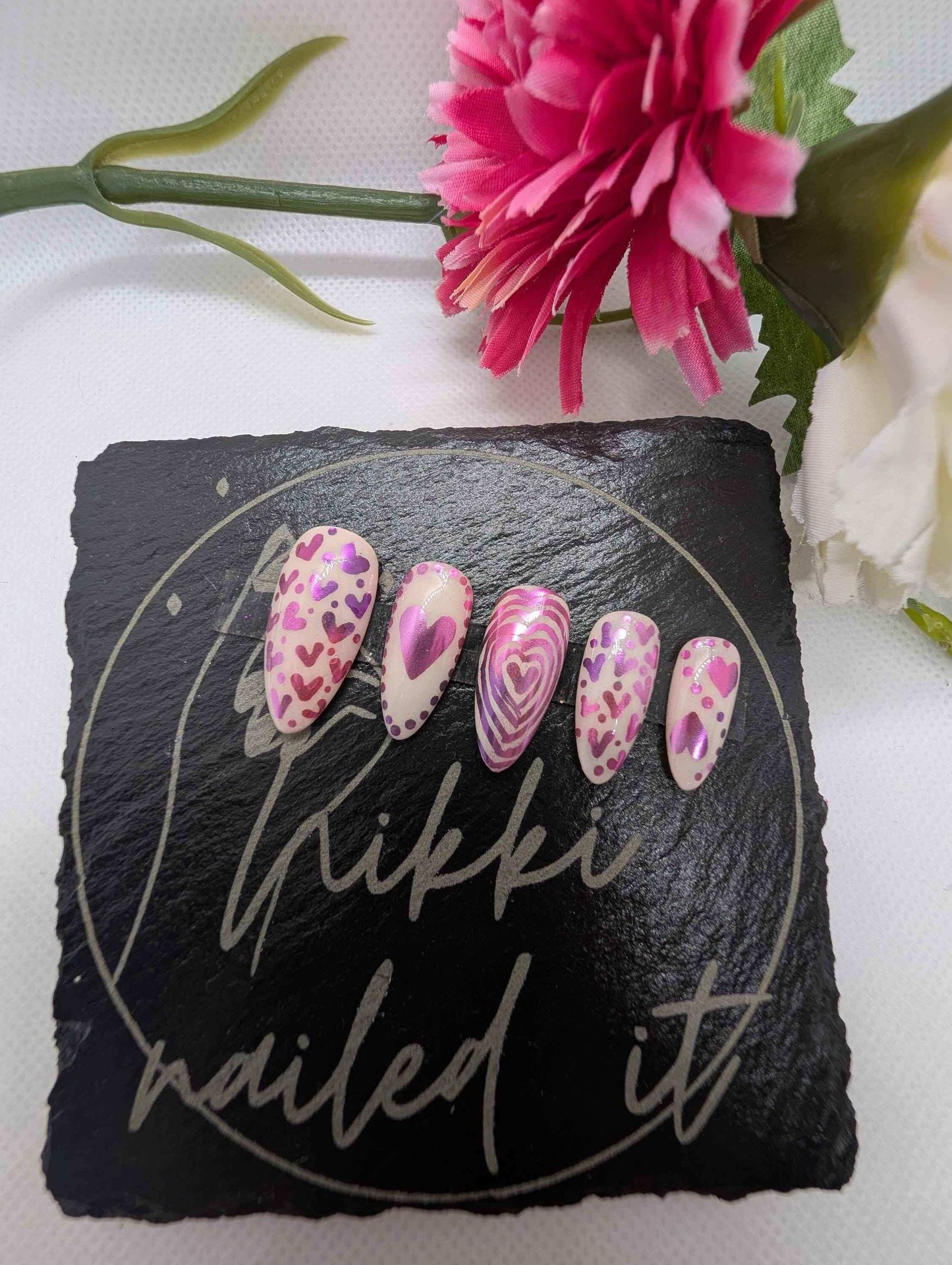 Valentine's Day Press On Nails - Pink Heart Chrome Ombre Luxury 10pc Reusable Set UK - Nikki Nailed it