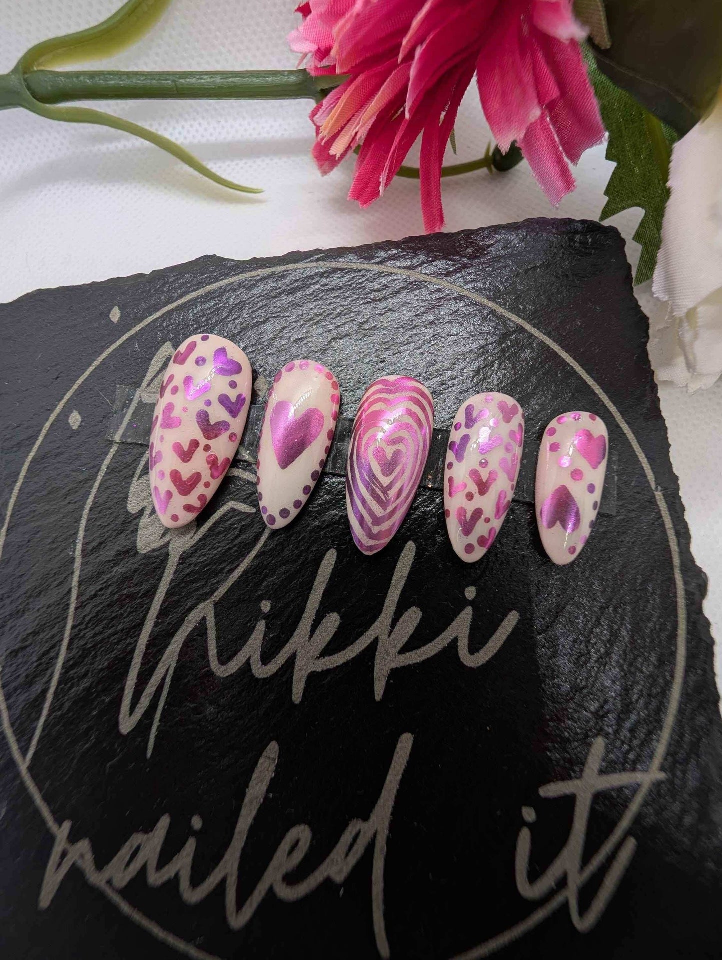 Valentine's Day Press On Nails - Pink Heart Chrome Ombre Luxury 10pc Reusable Set UK - Nikki Nailed it