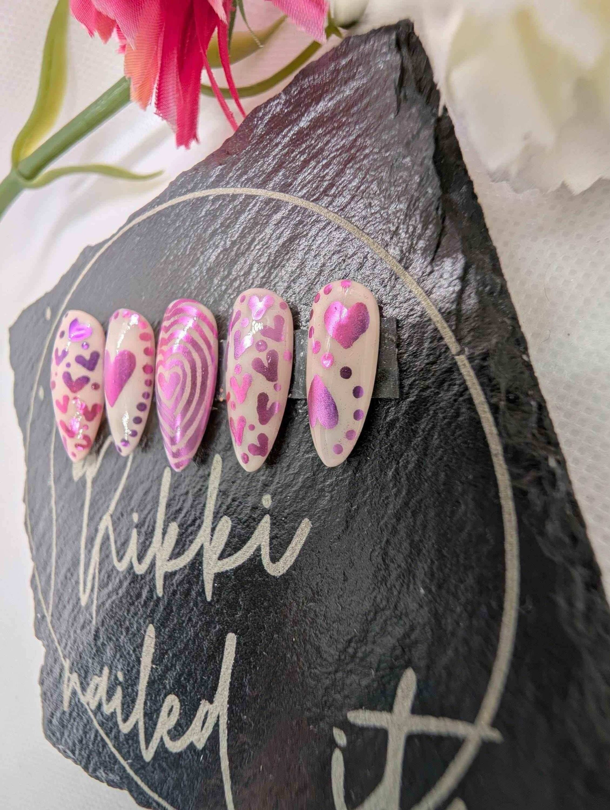 Valentine's Day Press On Nails - Pink Heart Chrome Ombre Luxury 10pc Reusable Set UK - Nikki Nailed it